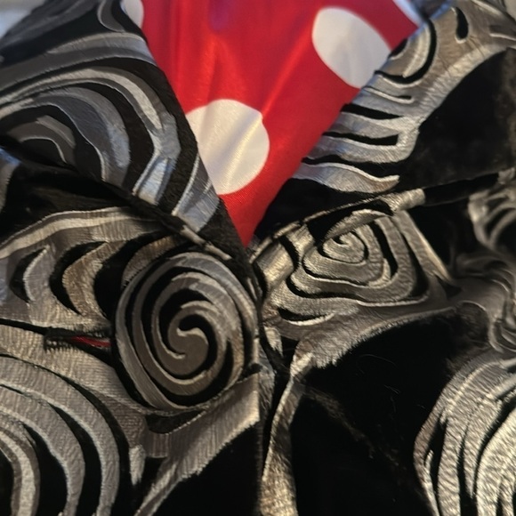 3 Sisters art deco circles print velvet swing blazer coat red polka dot lining S - Picture 8 of 10